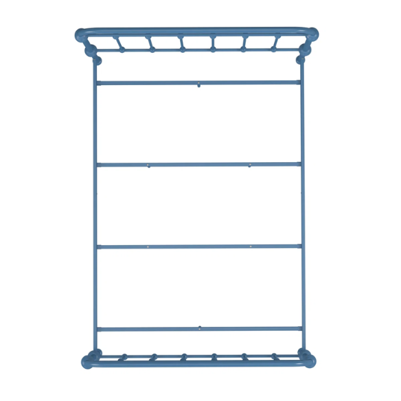 Blue full size metal bed frame with spindle headboard and footboard, decorative finials, and center support legs.