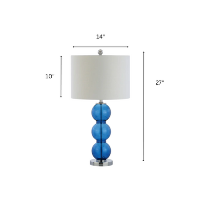 Set of 2 modern table lamps with transparent blue triple-sphere glass base, polished silver accents, and white linen drum shade – elegant lighting for bedroom or living room

