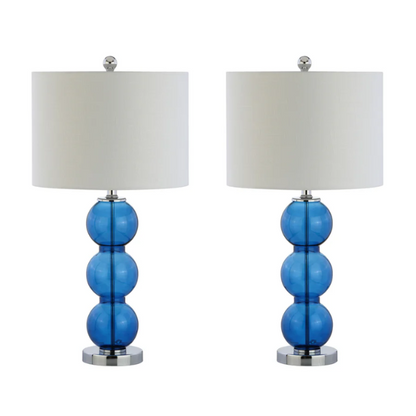Set of 2 modern table lamps with transparent blue triple-sphere glass base, polished silver accents, and white linen drum shade – elegant lighting for bedroom or living room

