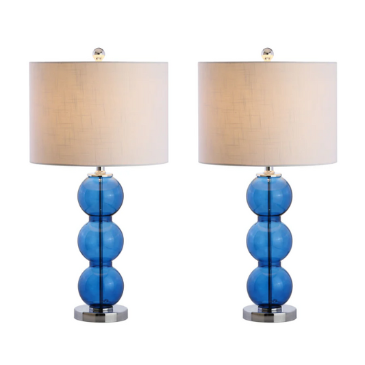 Set of 2 modern table lamps with transparent blue triple-sphere glass base, polished silver accents, and white linen drum shade – elegant lighting for bedroom or living room

