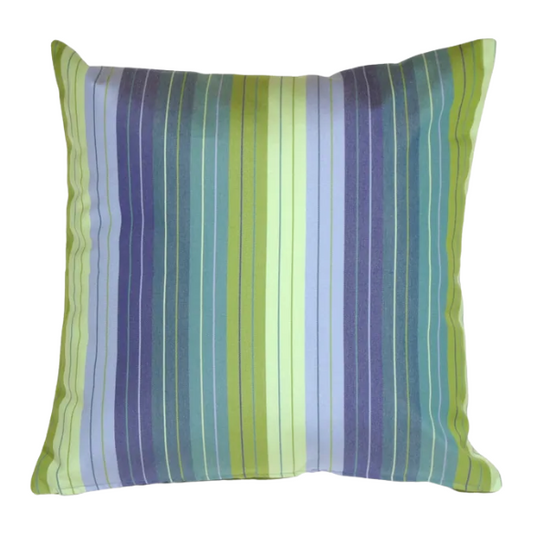 Striped accent pillow in blue and green – reversible, weather-resistant, and overstuffed with polyester fill for both indoor and outdoor use.

