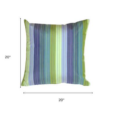 Striped accent pillow in blue and green – reversible, weather-resistant, and overstuffed with polyester fill for both indoor and outdoor use.

