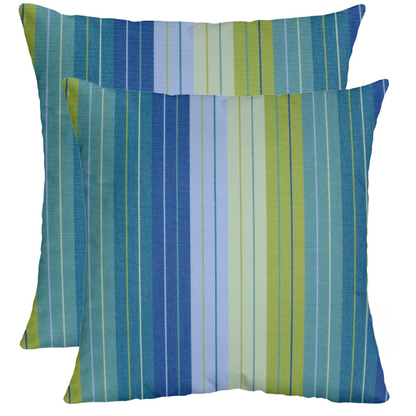 Striped accent pillow in blue and green – reversible, weather-resistant, and overstuffed with polyester fill for both indoor and outdoor use.

