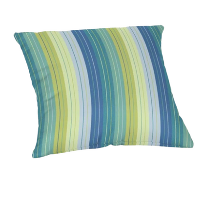 Striped accent pillow in blue and green – reversible, weather-resistant, and overstuffed with polyester fill for both indoor and outdoor use.

