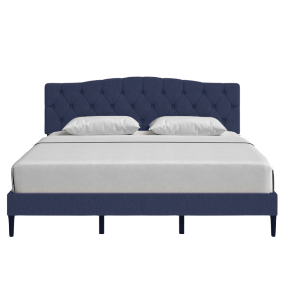 Blue upholstered king-size platform bed with tufted camelback headboard, solid wood frame, and slatted base with center support legs

