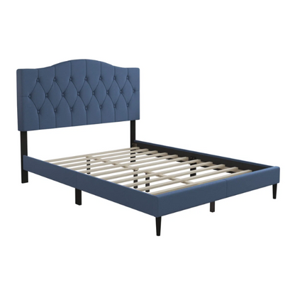 Blue upholstered king-size platform bed with tufted camelback headboard, solid wood frame, and slatted base with center support legs

