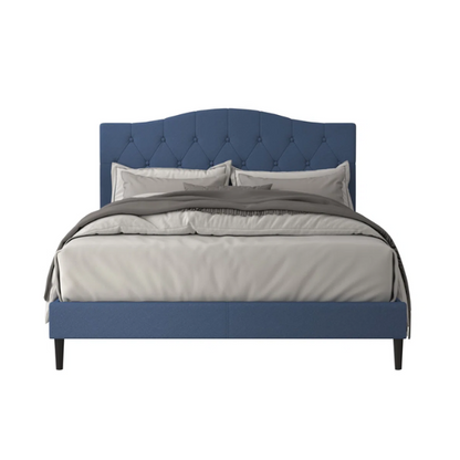 Blue upholstered king-size platform bed with tufted camelback headboard, solid wood frame, and slatted base with center support legs

