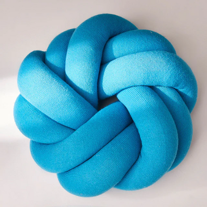 Blue handmade cotton knot throw pillow, round design, 30 cm diameter – soft plush decorative cushion for sofa, bed, chair, or car