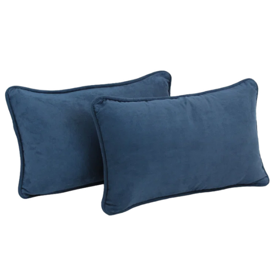 Blue microsuede lumbar throw pillow set of 2 with piped edges – decorative rectangular pillows for bed, sofa, and accent chairs