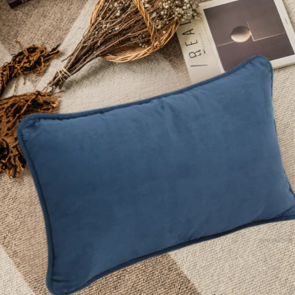 Blue microsuede lumbar throw pillow set of 2 with piped edges – decorative rectangular pillows for bed, sofa, and accent chairs