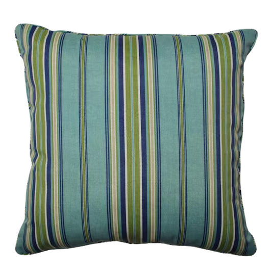 Striped accent pillow in blue, olive green, and beige – reversible, weather-resistant, and overstuffed with plush polyester fill for stylish indoor or outdoor comfort.

