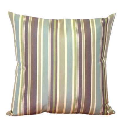 Striped accent pillow in blue, olive green, and beige – reversible, weather-resistant, and overstuffed with plush polyester fill for stylish indoor or outdoor comfort.

