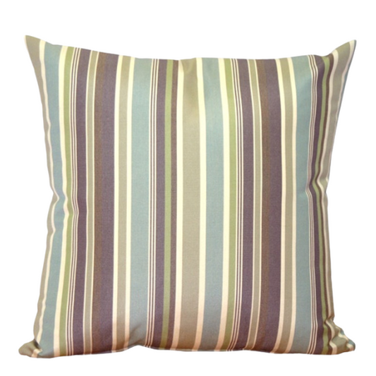 Striped accent pillow in blue, olive green, and beige – reversible, weather-resistant, and overstuffed with plush polyester fill for stylish indoor or outdoor comfort.

