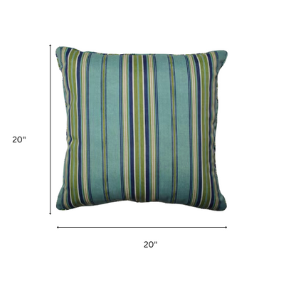 Striped accent pillow in blue, olive green, and beige – reversible, weather-resistant, and overstuffed with plush polyester fill for stylish indoor or outdoor comfort.

