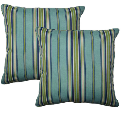 Striped accent pillow in blue, olive green, and beige – reversible, weather-resistant, and overstuffed with plush polyester fill for stylish indoor or outdoor comfort.

