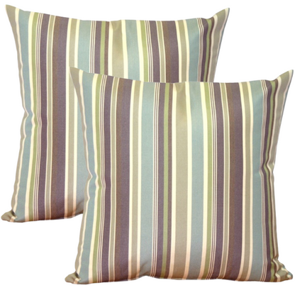 Striped accent pillow in blue, olive green, and beige – reversible, weather-resistant, and overstuffed with plush polyester fill for stylish indoor or outdoor comfort.

