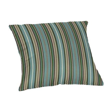 Striped accent pillow in blue, olive green, and beige – reversible, weather-resistant, and overstuffed with plush polyester fill for stylish indoor or outdoor comfort.

