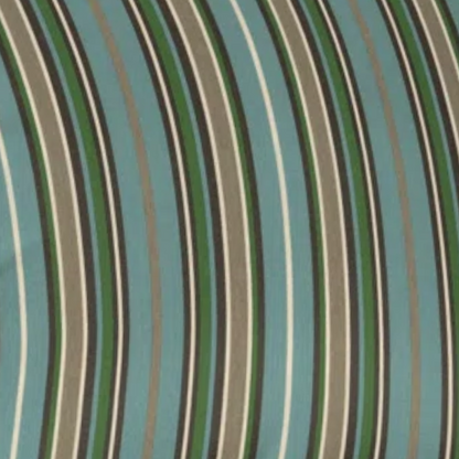 Striped accent pillow in blue, olive green, and beige – reversible, weather-resistant, and overstuffed with plush polyester fill for stylish indoor or outdoor comfort.

