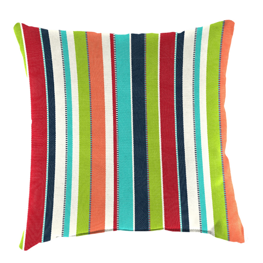 Striped accent pillow in blue, red, white, green, and black – reversible, weather-resistant, and overstuffed with plush polyester fill for indoor and outdoor use on patios, decks, or couches.

