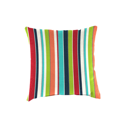 Striped accent pillow in blue, red, white, green, and black – reversible, weather-resistant, and overstuffed with plush polyester fill for indoor and outdoor use on patios, decks, or couches.

