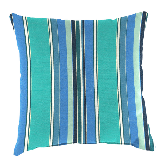 Blue, teal, and white striped accent pillow – reversible, weather-resistant, and overstuffed for comfort; perfect for indoor or outdoor use on patios, decks, or living spaces.

