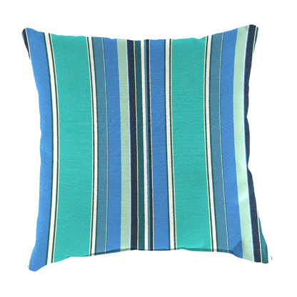Blue, teal, and white striped accent pillow – reversible, weather-resistant, and overstuffed for comfort; perfect for indoor or outdoor use on patios, decks, or living spaces.

