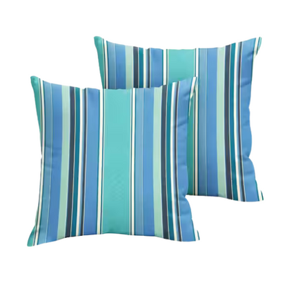 Blue, teal, and white striped accent pillow – reversible, weather-resistant, and overstuffed for comfort; perfect for indoor or outdoor use on patios, decks, or living spaces.

