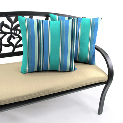 Blue, teal, and white striped accent pillow – reversible, weather-resistant, and overstuffed for comfort; perfect for indoor or outdoor use on patios, decks, or living spaces.

