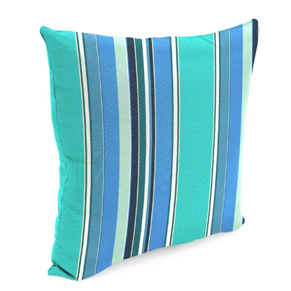 Blue, teal, and white striped accent pillow – reversible, weather-resistant, and overstuffed for comfort; perfect for indoor or outdoor use on patios, decks, or living spaces.

