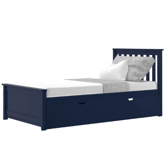 Blue solid wood twin bed with a slatted headboard and a pull-out trundle featuring caster wheels and a cut-out handle, ideal for kids or guest use.

