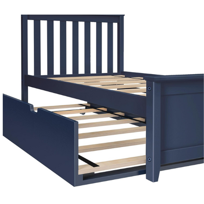 Blue solid wood twin bed with a slatted headboard and a pull-out trundle featuring caster wheels and a cut-out handle, ideal for kids or guest use.

