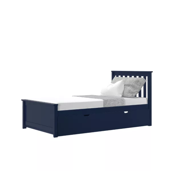 Blue solid wood twin bed with a slatted headboard and a pull-out trundle featuring caster wheels and a cut-out handle, ideal for kids or guest use.

