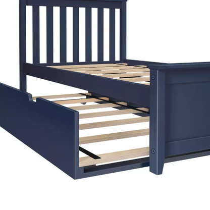Blue solid wood twin bed with a slatted headboard and a pull-out trundle featuring caster wheels and a cut-out handle, ideal for kids or guest use.

