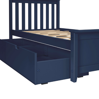 Blue solid wood twin bed with a slatted headboard and a pull-out trundle featuring caster wheels and a cut-out handle, ideal for kids or guest use.


