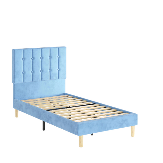 Blue twin bed frame with tufted velvet headboard, sturdy metal and wood construction, and 7.9-inch under-bed storage clearance.