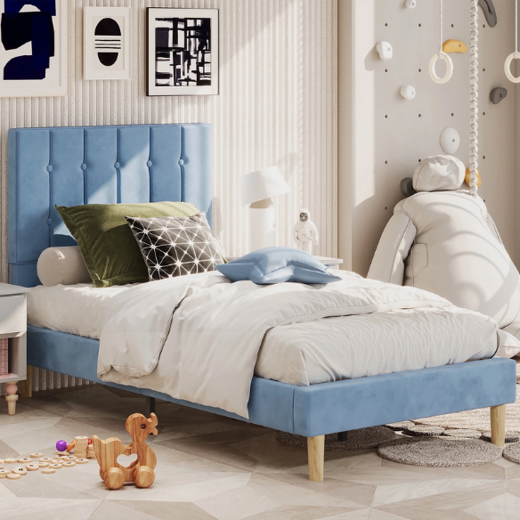 Blue twin bed frame with tufted velvet headboard, sturdy metal and wood construction, and 7.9-inch under-bed storage clearance.