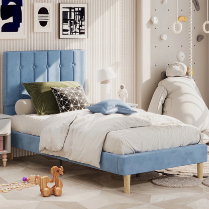Blue twin bed frame with tufted velvet headboard, sturdy metal and wood construction, and 7.9-inch under-bed storage clearance.