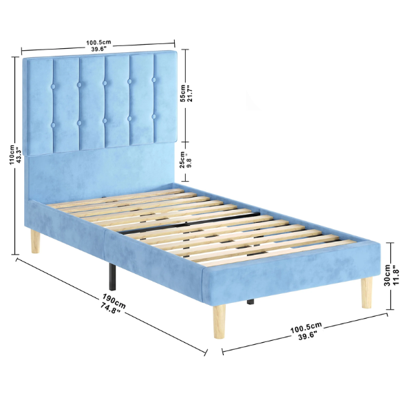 Blue twin bed frame with tufted velvet headboard, sturdy metal and wood construction, and 7.9-inch under-bed storage clearance.