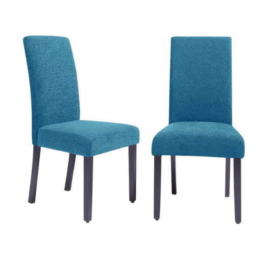 Set of two modern blue upholstered dining chairs with high backs, solid wood espresso frames, and cushioned polyester seats.