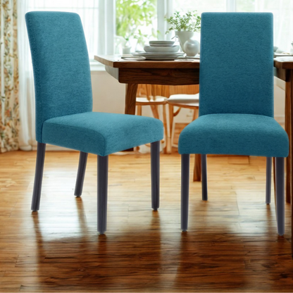 Set of two modern blue upholstered dining chairs with high backs, solid wood espresso frames, and cushioned polyester seats.