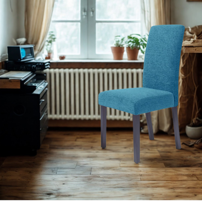Set of two modern blue upholstered dining chairs with high backs, solid wood espresso frames, and cushioned polyester seats.