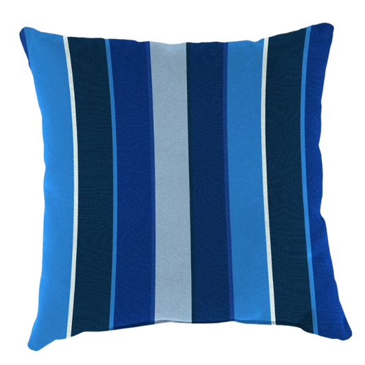 Blue and white striped accent pillow – reversible, weather-resistant, and overstuffed for stylish comfort indoors or outdoors on patios, decks, or sofas.

