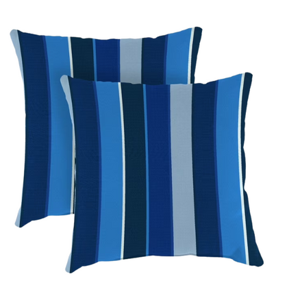 Blue and white striped accent pillow – reversible, weather-resistant, and overstuffed for stylish comfort indoors or outdoors on patios, decks, or sofas.

