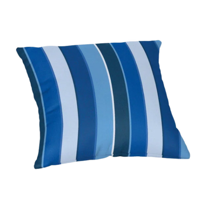 Blue and white striped accent pillow – reversible, weather-resistant, and overstuffed for stylish comfort indoors or outdoors on patios, decks, or sofas.

