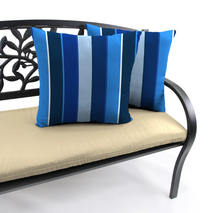 Blue and white striped accent pillow – reversible, weather-resistant, and overstuffed for stylish comfort indoors or outdoors on patios, decks, or sofas.

