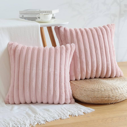 Soft blush pink striped throw pillow cover with faux wool front and velvet back, 16x16 size.