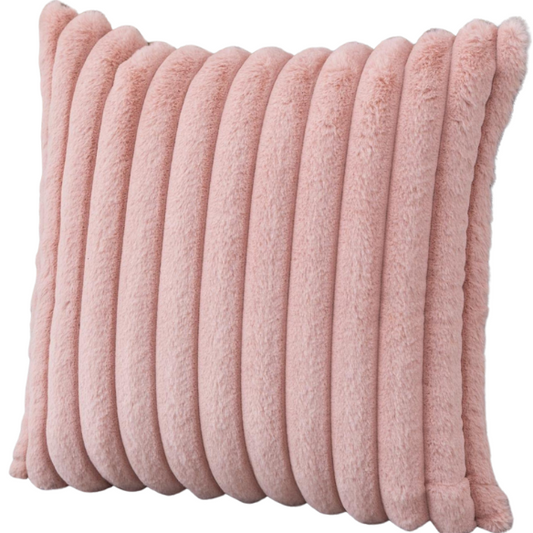Soft blush pink striped throw pillow cover with faux wool front and velvet back, 16x16 size.
