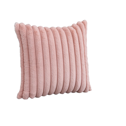 Soft blush pink striped throw pillow cover with faux wool front and velvet back, 16x16 size.