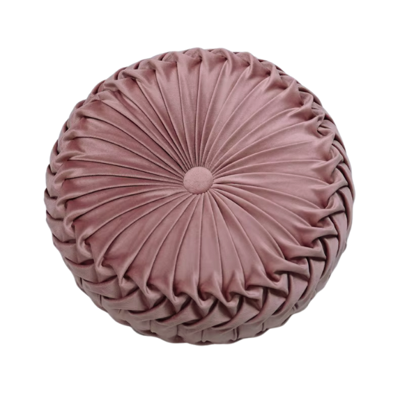 Blush velvet round throw pillow with ribbed edges and button detail, soft cotton fill for home décor