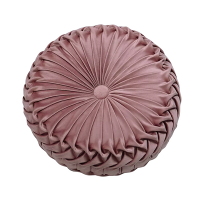 Blush velvet round throw pillow with ribbed edges and button detail, soft cotton fill for home décor